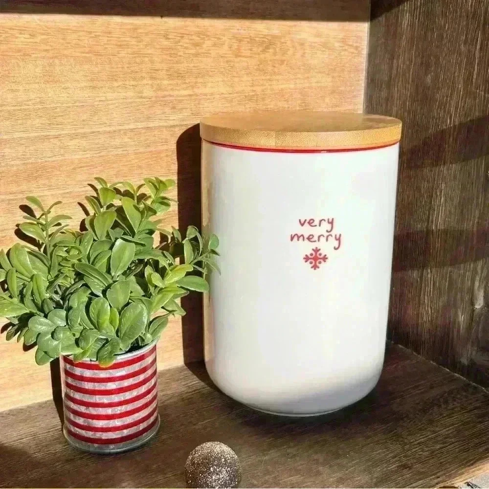 NEW BEAUTIFUL Large Size VERY MERRY Ceramic Canister with Wooden Lid